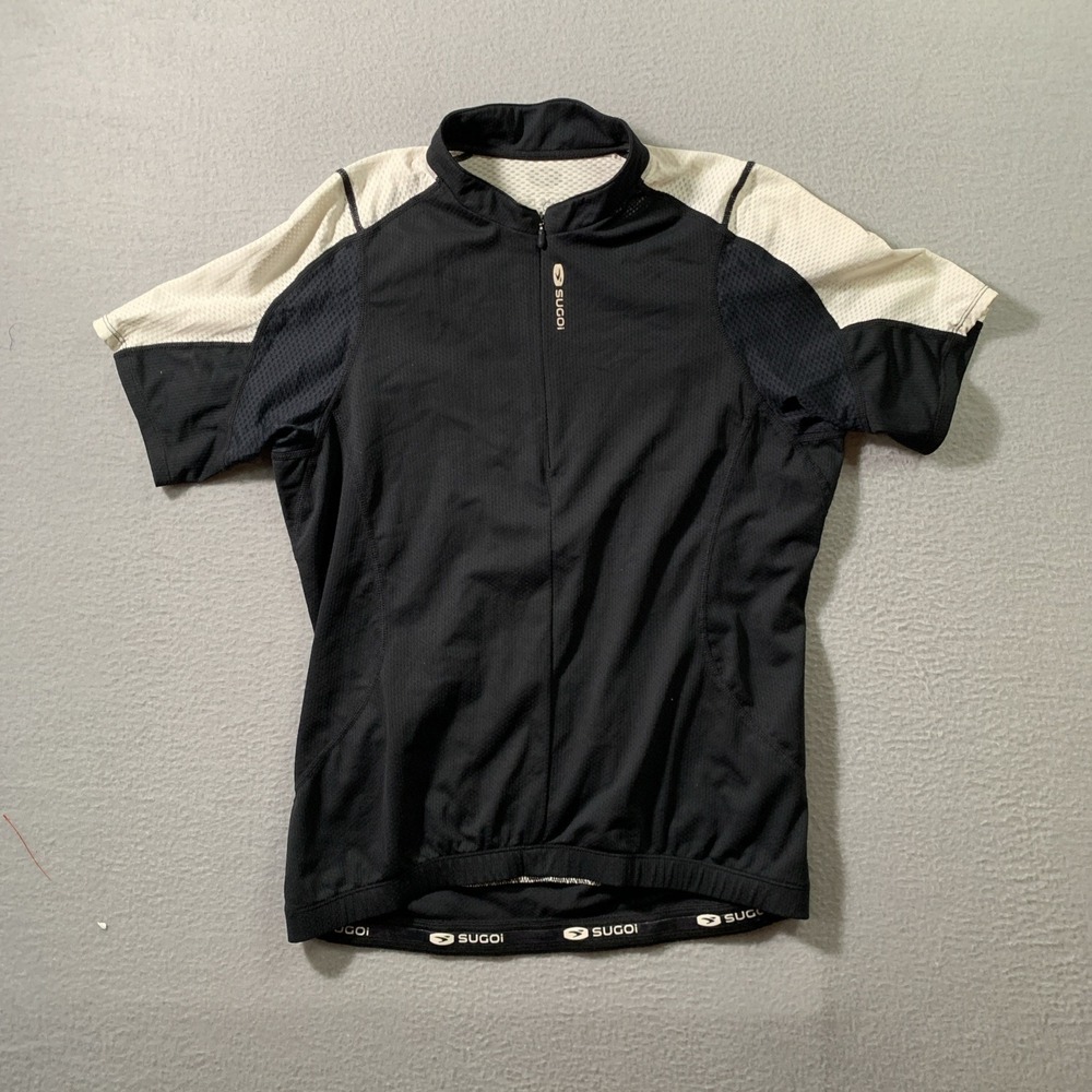 SUGOi Cycling Jersey Womens Large Black White Full Zip Short Sleeve Pockets